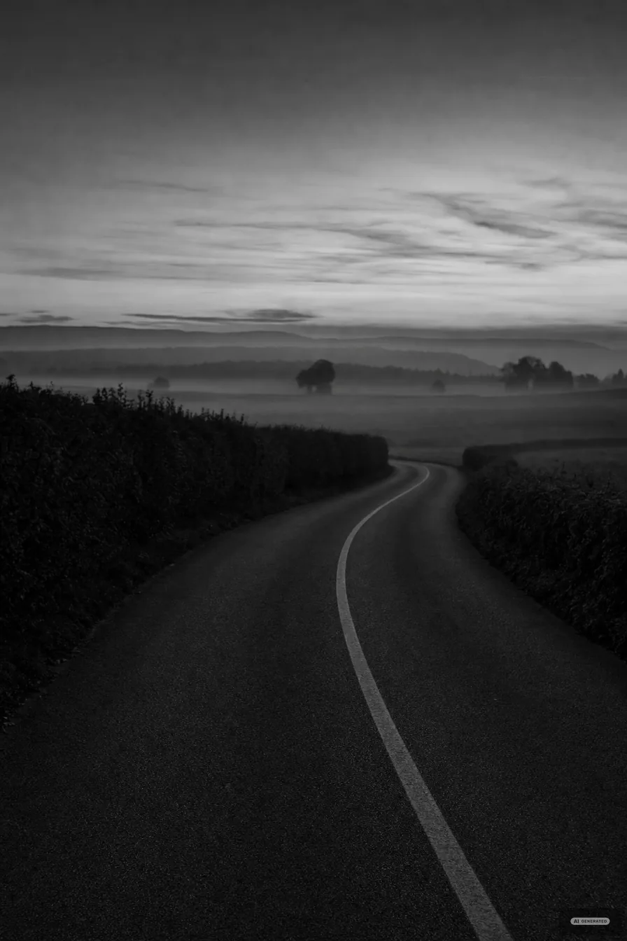 Schmale Asphaltstrasse, die im blauen Licht kurz vor Sonnenaufgang zwischen niedrigen Hecken wegführt (AI-generiertes Bild)