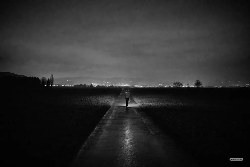 Ein einzelner Läufer weit entfernt auf einer geraden Landstrasse in tiefer Nacht, der Lichtkegel der Stirnlampe auf dem nassen Asphalt (AI-generiertes Bild)